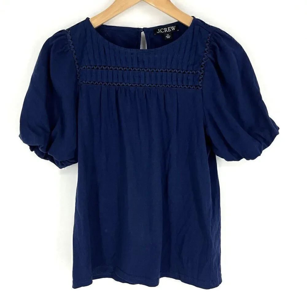 J Crew Top Size XS Womens Navy Lace Trim Puff Sleeve T Shirt Cotton Pintuck